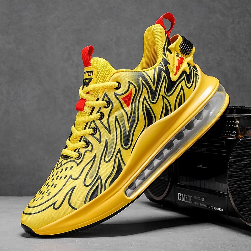 Men's Yellow Flame Print Air Cushion Sneakers, Fashion Streetwear Running Shoes for Sports, Fitness and Casual Party Style