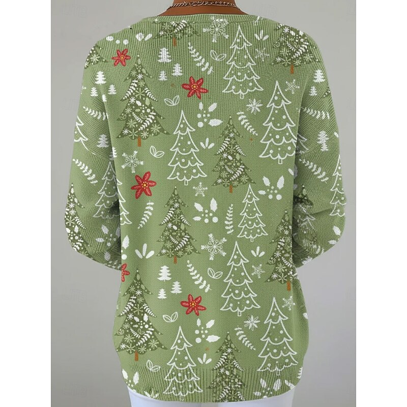 Women's Sweater Casual Soft Christmas Tree Ribbed V Neck Knitted Print Long Sleeve Regular Tops Knit Outdoor Daily Weekend Black Light Green Fall Winter4