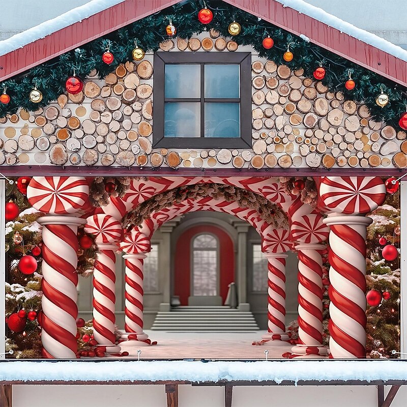 Christmas Garage Door Cover Large Hanging Backdrop Castle Candy Cane Cute 3D Party Outdoor Holiday Shooting Backgrounds Yard Home Decor