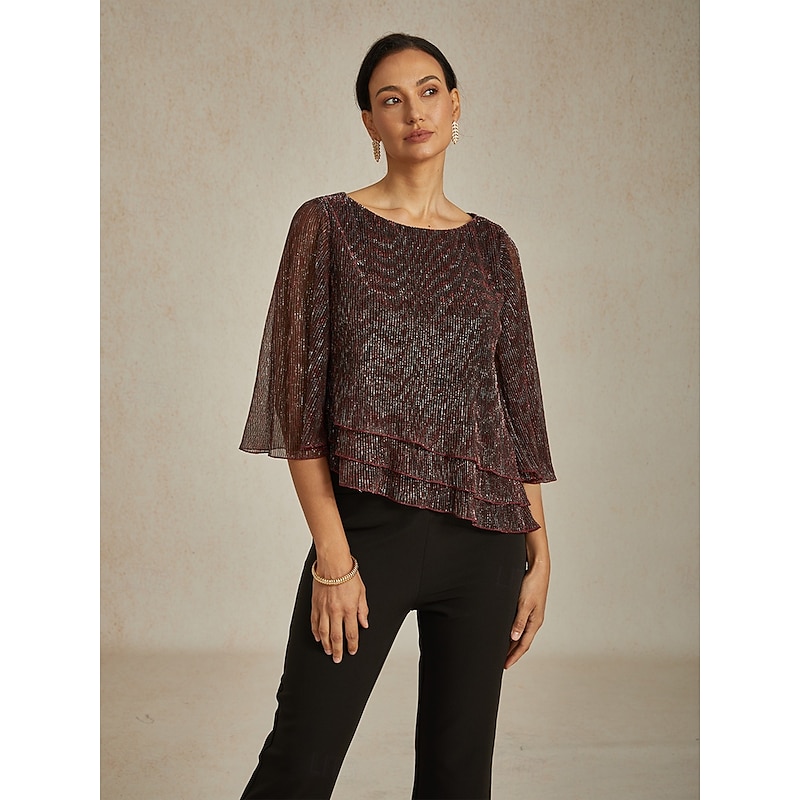 Women's Blouse Dressy Tops Flowy Tops Chiffon Tops Elegant Vintage Stylish 3/4 Length Sleeve Crew Neck Boat Neck Work Daily Date Night Outfits Sequins Pleated Patchwork Wine Spring Fall3