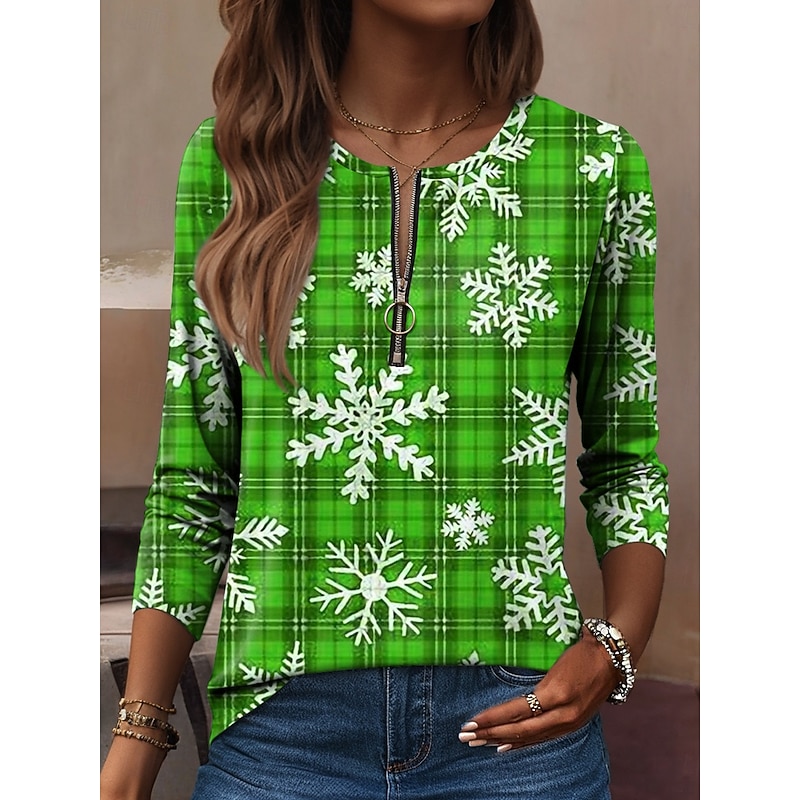 Women's T Shirt Graphic Plaid Snowflake Vintage Fashion Stylish Long Sleeve Crew Neck Regular Tops Daily Zipper Print Red Blue Purple Green Spring Fall Winter2