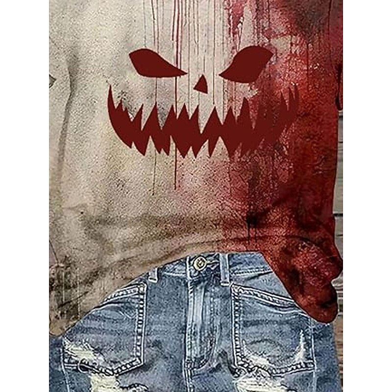 Halloween Women's T Shirt Graphic Pumpkin Vintage Stylish Classic Short Sleeve V Neck Regular Tops Daily Print Beige Summer Fall Winter3