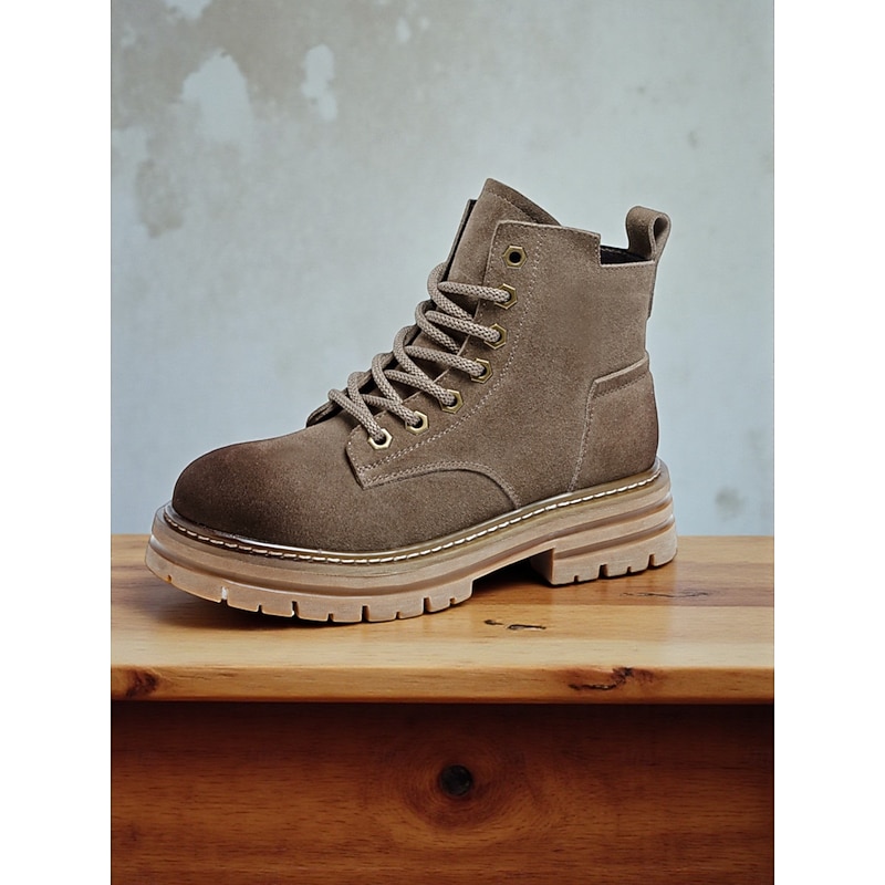 Women's Brown Suede Lace Up Ankle Boots with Chunky Non Slip Sole -Casual Outdoor Workwear Hiking Boots for Fall and Winter4