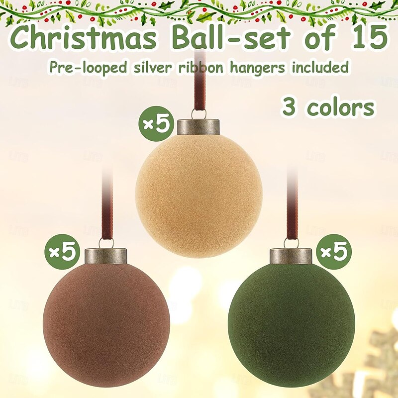 15 Pcs Christmas Velvet Ball Baubles Ornaments, 8CM DIY Flocked Baubles, Holiday Xmas Tree Decorations, Festive Hanging Ornaments for DIY Craft, Party, Home Decor4