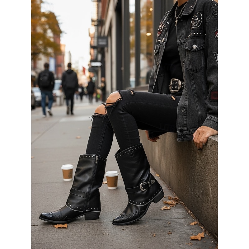 Women's Black Faux Leather Ankle Boots with Studded Trim, Buckle Strap and Western Stitching, Trendy Urban Fashion Footwear