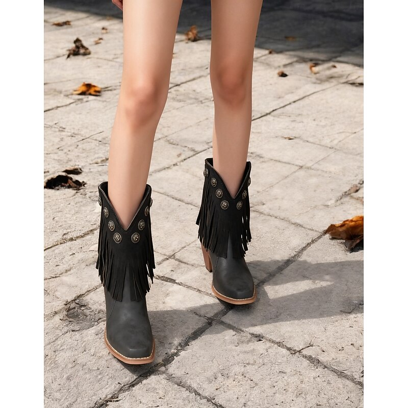 Women's Black Fringe Western Ankle Boots with Studded Accents – Vintage Style Cowgirl Booties for Casual and Festival Wear3