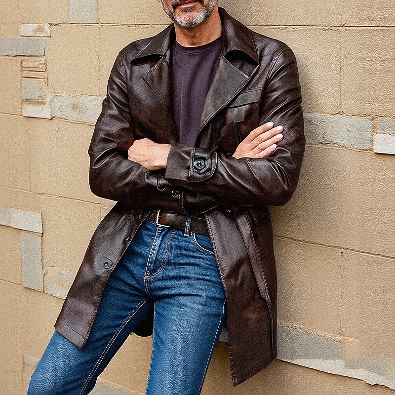 Men's Faux Leather Trench Coat Peacoat Trench Coat Vacation Daily Spring Fall PU Windproof Outerwear Clothing Apparel Fashion Classic Plain Pocket Lapel Single Breasted2