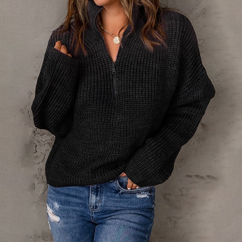 Women's Sweater Pullover Streetwear Casual Solid Color Turtleneck Zipper Knitted Long Sleeve Regular Tops Knit Outdoor Daily Holiday Wine Red Yellow Fall Winter