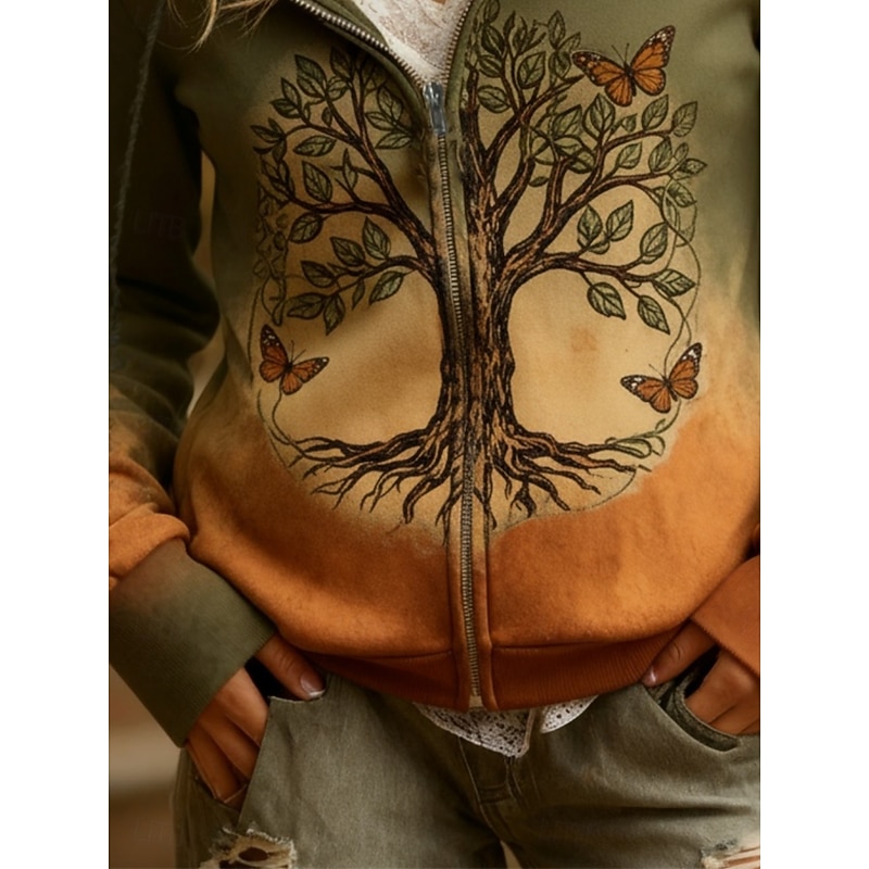 Women's Zip Up Hoodies Pullover Floral Graphic Fashion Streetwear Casual Long Sleeve Hooded Regular Tops Dailywear Casual Zipper Print Green Spring Fall Winter3