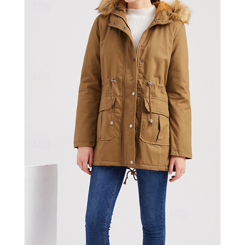 Women's Winter Coat Parka Warm Comfortable Zipper Pocket Fur Collar Casual Plain Vacation Daily Wear Going out Weekend Regular Hooded Regular Fit Long Sleeve Outerwear Black Wine Khaki Fall Winter2