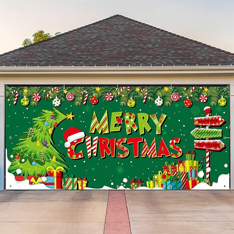 Christmas Garage Door Cover Large Hanging Backdrop Tree Christmas Shop Cute 3D Party Outdoor Holiday Shooting Backgrounds Yard Home Decor2