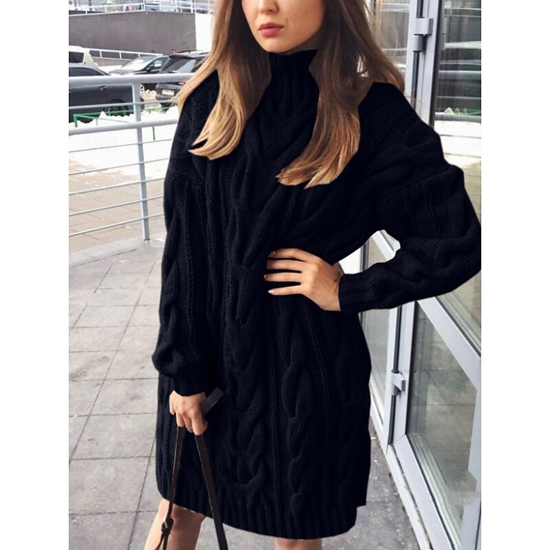 Women's Sweater Sweater Dress Casual Soft Pure Color Ribbed Crew Neck Knitted Long Sleeve Long Tops Knit Outdoor Daily Weekend Black Green Fall Winter3