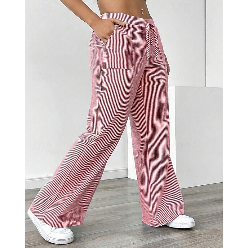 Women's Culottes Wide Leg Chinos Vacation Streetwear Casual Full Length Medium Waist Striped Drawstring Pocket Comfortable Micro-elastic Outdoor Vacation Daily Yellow Red Sky Blue ash-colored Spring