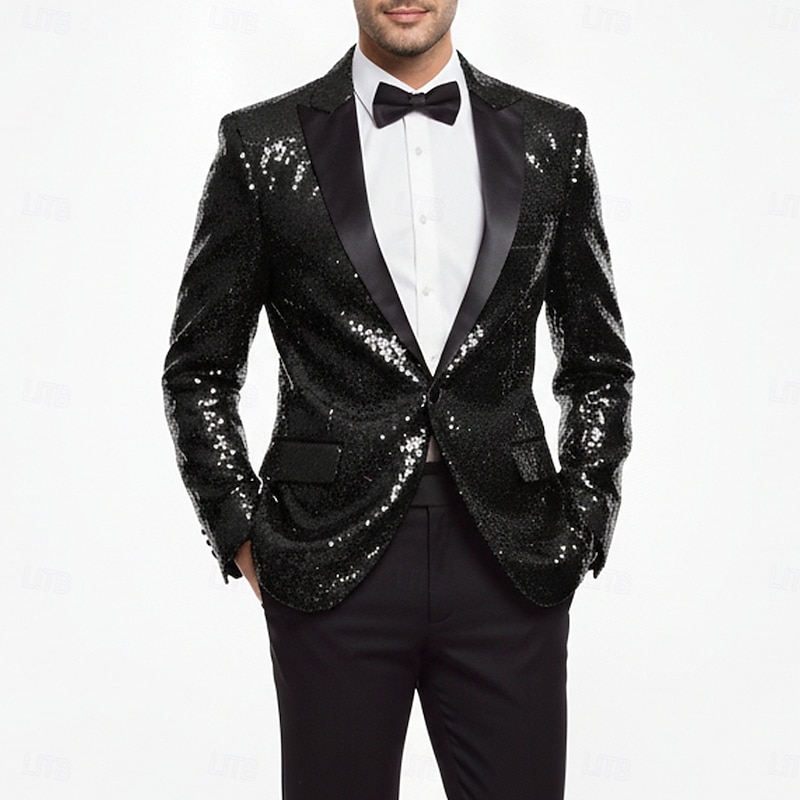 Men's Blazer Jacket Closure collar Party Solid Colored Blazer Black Silver Champagne Tailored Fit Single Breasted One-button4