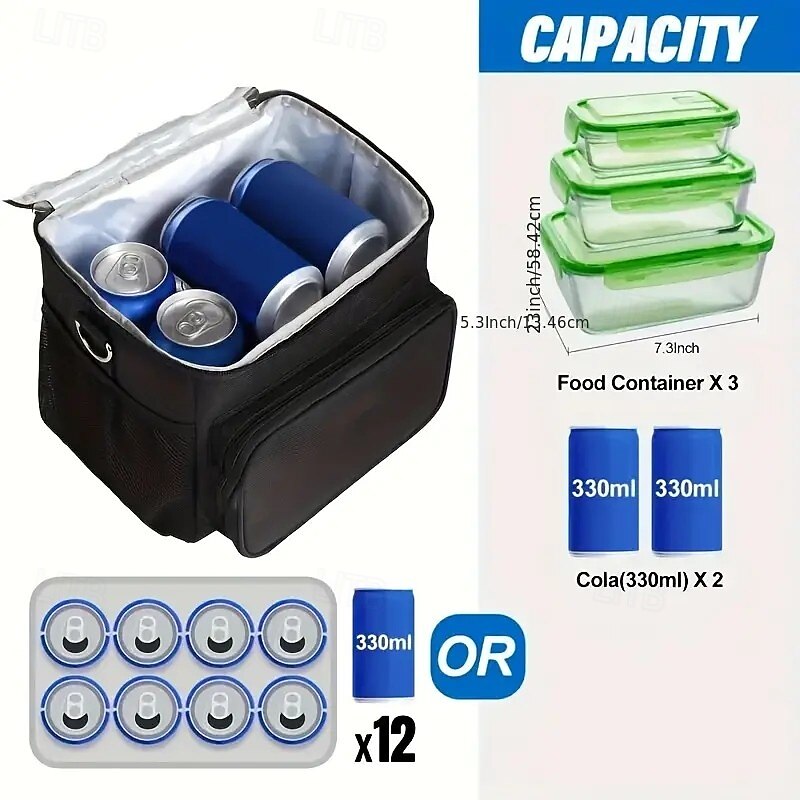 Adjustable Strap Insulated Lunch Bag – Durable Oxford Fabric, Reusable Cooler Tote for Office, School, Picnic & Beach, Tear-Resistant Black Thermal Lunch Box, Back-to-School Essential4