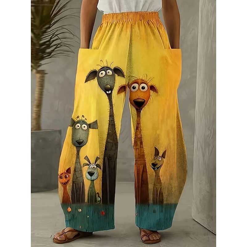 Women's Wide Leg Chinos Pants Trousers Vacation Fashion Casual Full Length High WaistPantsHalloween Cat Pocket Elastic Waistband Printing Comfy Soft Comfortable Stretchy Outdoor Street Black Yellow
