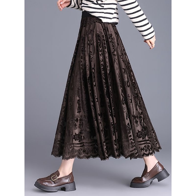 Women's Skirt A Line Elegant Fashion Maxi High Waist Skirts Floral Lace Pleated Stretchy Street Daily Black Red Green Coffee Spring Velvet4