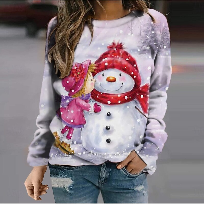 Women's Pullover Sweatshirt Hoodies Graphic Snowman Christmas Fashion Casual Long Sleeve Crew Neck Regular Tops Street Dailywear Casual Print Pink Blue Dark Blue Gray Fall Winter4