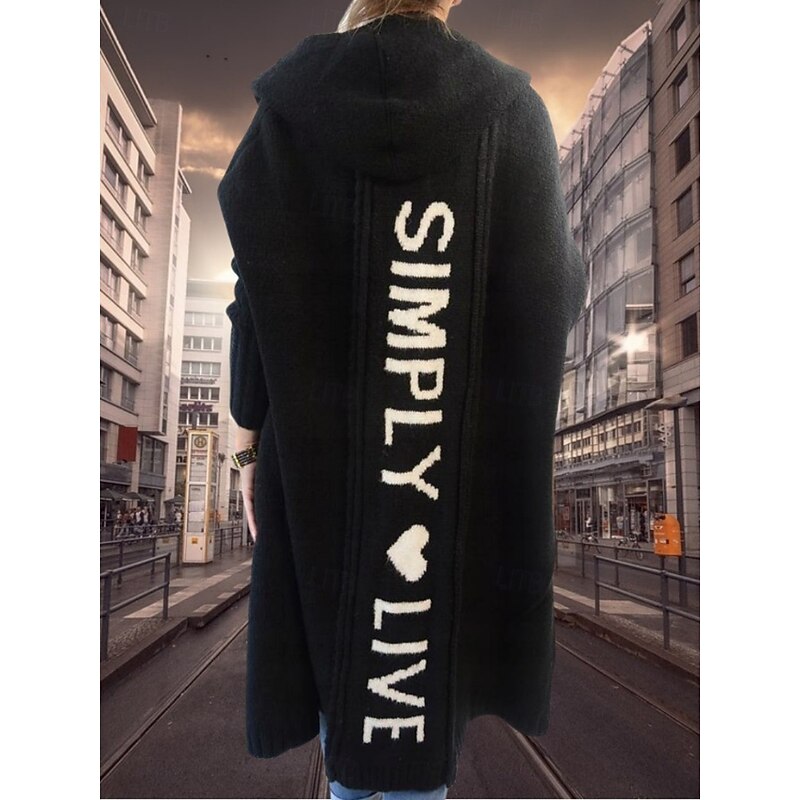 Women's Sweater Cardigan Elegant Fashion Streetwear Letter Hooded Knitted Print Long Sleeve Regular Tops Knit Outdoor Daily Weekend Black Dark Green Fall Winter4