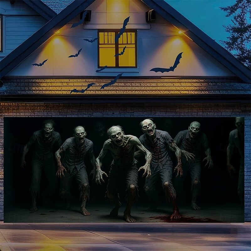 Halloween Outdoor Garage Door Cover Spooky Black White Zombie Horror Banner Large Haunted Tapestry Backdrop Decoration for Holiday Outdoor Garage Door Home Wall Decorations2
