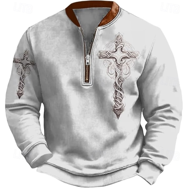 Men's Quarter Zip Sweatshirt White Gray Half Zip Cross Front Pocket Quarter Zip Daily Holiday Going out Polyester Vintage Streetwear Retro Fall Winter Clothing Apparel Hoodies Sweatshirts