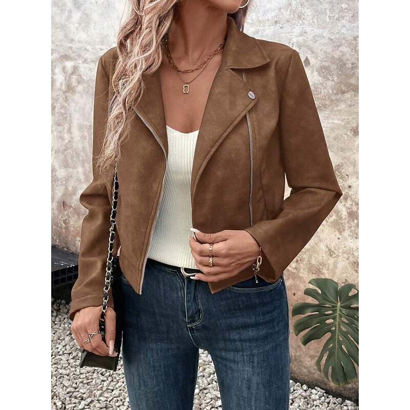 Women's Casual Jacket Comfortable Breathable Zipper Casual Plain Vacation Street Casual Daily Wear Zipper Short Turndown Regular Fit Long Sleeve Outerwear Pink Fuchsia Brown Spring Fall3