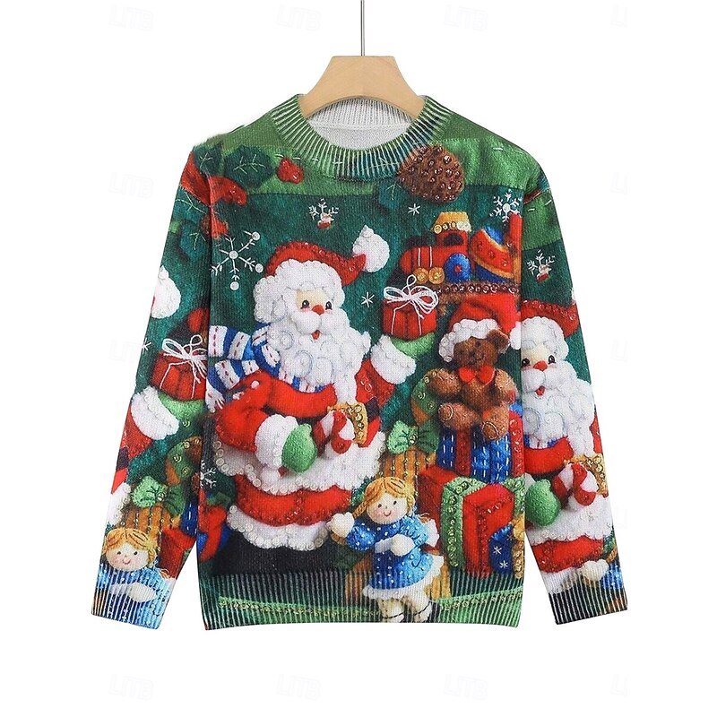 Women's Sweater Pullover Daily Casual Graphic Christmas Tree Santa Claus Ribbed Crew Neck Knitted Print Long Sleeve Regular Tops Knit Outdoor Weekend Green Fall Winter3