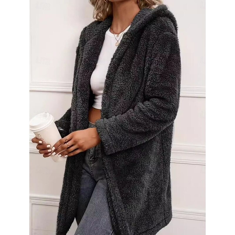 Women's Winter Coat Sherpa Jacket Comfortable Breathable Open Front Casual Plain Vacation Street Casual Daily Wear Open Front Long Hooded Loose Fit Long Sleeve Outerwear Black Spring Fall