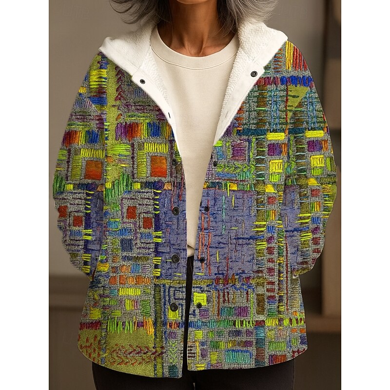 Women's Winter Coat Winter Jacket Warm Quick Dry Buttons Daily Modern Casual Comfortable Abstract Vacation Casual Athleisure Daily Regular Hooded Regular Fit Long Sleeve Outerwear Yellow Blue Purple4
