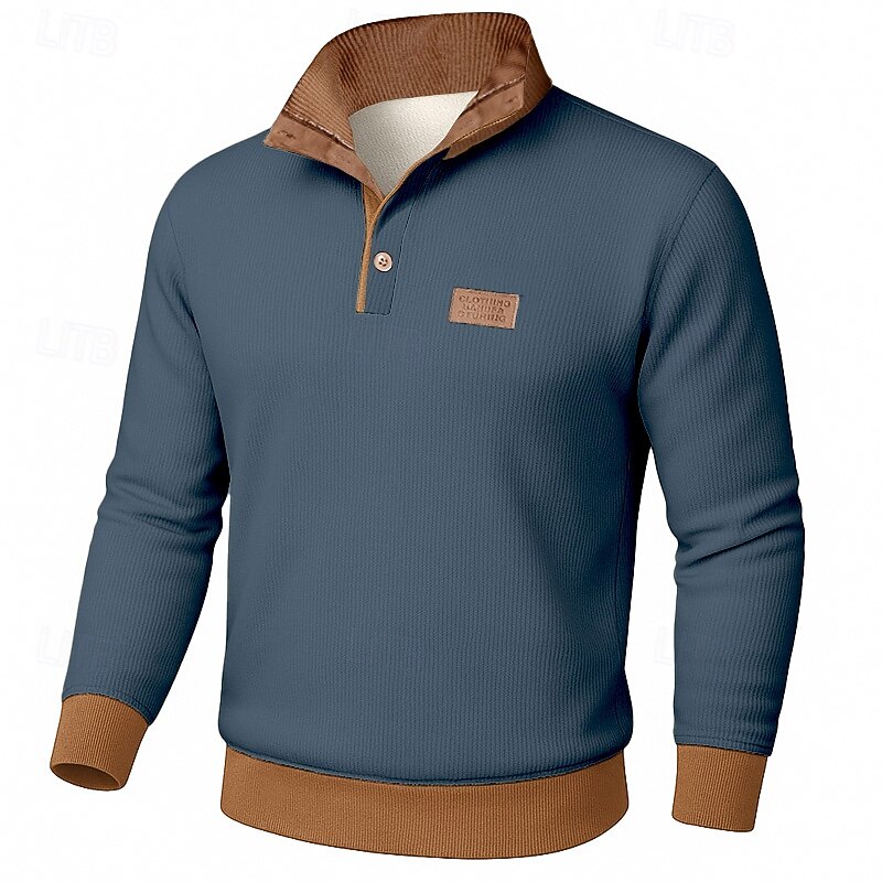 Men's Sweatshirt Corduroy Fleece Sweatshirt Pullover Button Up Hoodie Apricot Black Army Green Navy Blue Blue Standing Collar Plain Patchwork Color Block Textured Sports & Outdoor Casual Daily2