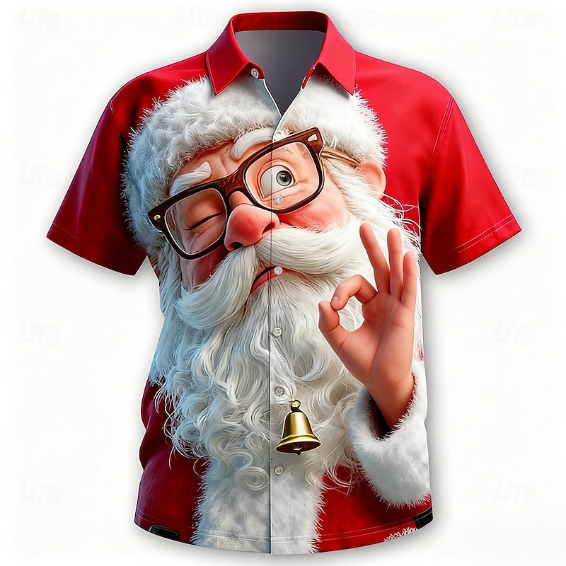 Christmas Men's Santa Claus Smile Face funny christmas Shirt Button Up Shirt Short Sleeve Funny Outdoor Holiday Summer Spring Turndown 3D Print Collared Shirts Red 1 Red Red 22