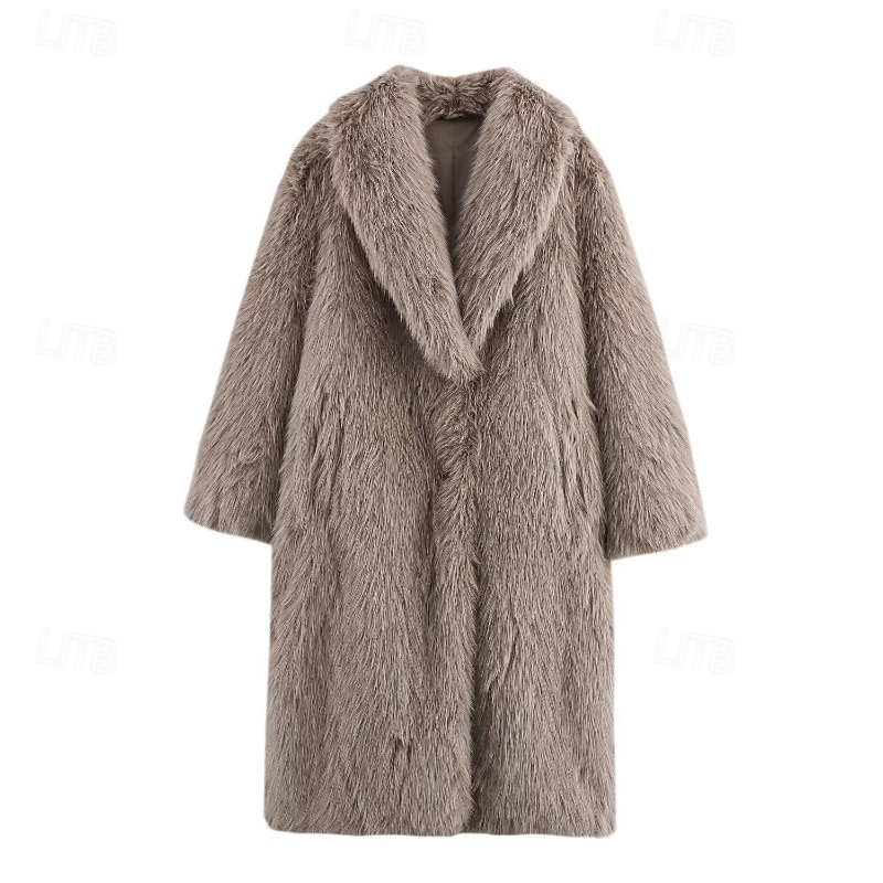 Women's Coat Faux Fur Coat Warm Comfortable Pocket Buttons Furs & Leathers Casual Plain Vacation Street Daily Wear Going out Long Turndown Regular Fit Long Sleeve Outerwear Khaki Fall Winter