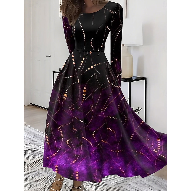 Women's Maxi Dress A Line Dress Fit And Flare Dress Vacation Casual Boho Party Daily Going out Regular Fit Ombre Graphic Geometric Long Sleeve Crew Neck Red Purple Green Gray Summer Spring Fall Winter2