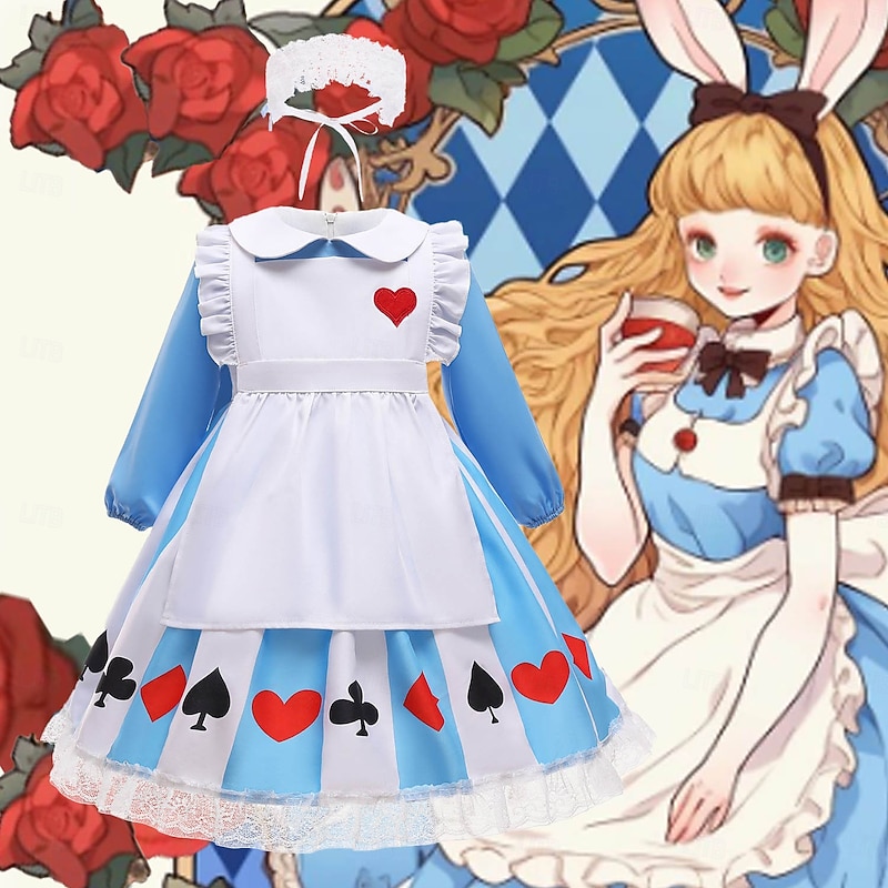 Lolita Maid Uniforms Lolita Cute Dress Kids Japanese Cosplay Costumes Cute Polyester Summer 4-12 Years Blue