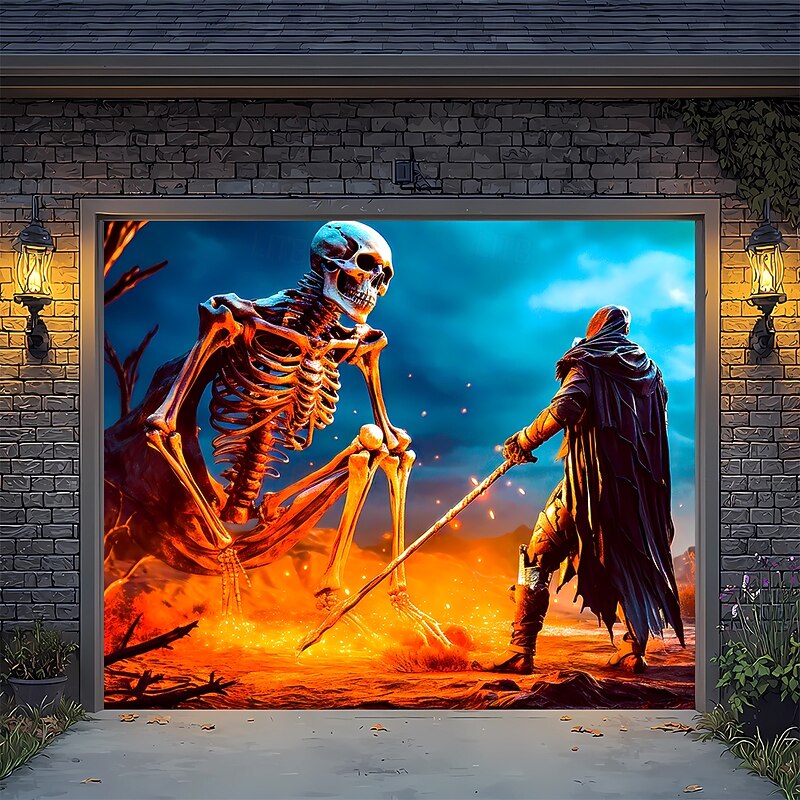 Halloween Tapestry Garage Door Cover Large Hanging Backdrop Skeleton Fantasy Dark Punk Gothic Style Party Outdoor Shooting Backgrounds Yard Haunted House Home Decor