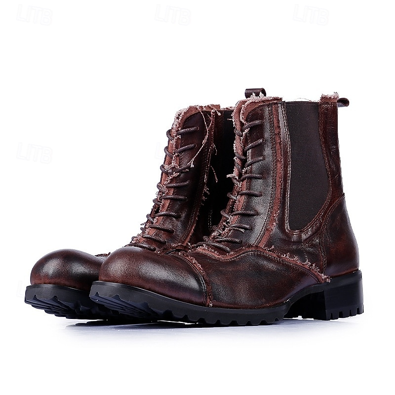 Men's Brown Leather Work Boots – Vintage Cowhide Lace-Up Ankle Shoes with Rugged Sole for Construction, Outdoor Adventure and Casual Daily Wear2