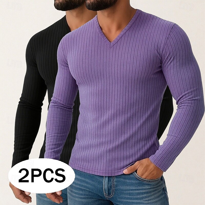 2 Piece Men's T Shirt Ribbed Knit tee Tee Top Long Sleeve Shirt Long Sleeve V Neck Spring Fall Winter Plain Pit Strip Fashion Designer Basic Knitting Vacation Street Casual Black  Purple Tee
