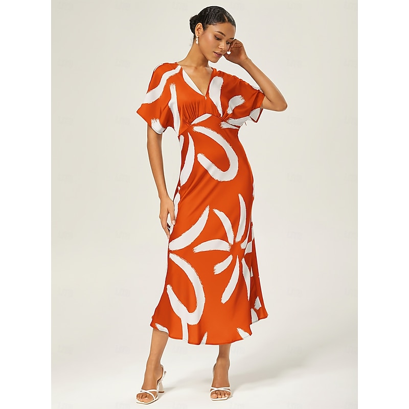 Women's Maxi Dress Satin Abstract Placement Print Dolman Sleeve V Neck Waist Tie Elegant Casual Vacation Spring Summer Fall