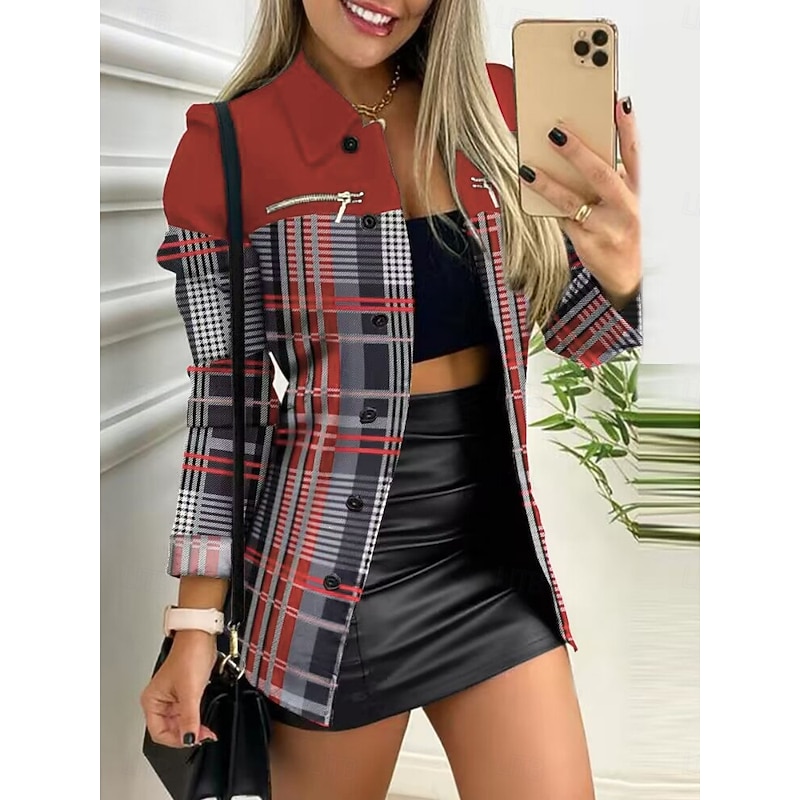 Women's Casual Jacket Comfortable Breathable Buttons Print Casual Geometric Vacation Street Casual Daily Wear Single Breasted Regular Stand Collar Regular Fit Long Sleeve Outerwear Black Red Khaki3