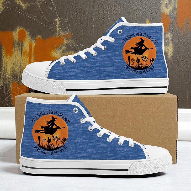Women's Blue High Top Canvas Sneakers with Witch Print – Casual Halloween Party Shoes for Daily Wear2