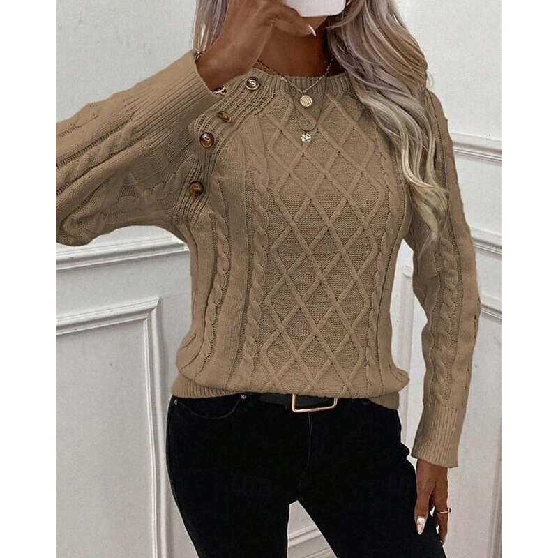 Women's Sweater Pullover Fashion Casual Pure Color Ribbed Crew Neck Buttons Knitted Long Sleeve Regular Tops Knit Outdoor Daily Weekend Khaki Coffee Fall Winter