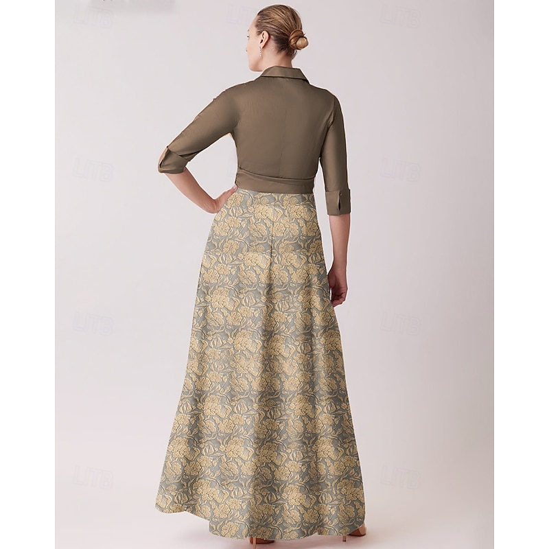 Jacquard Brocade Floral Mother of the Bride A-Line Cocktail Dresses Elegant Dress Formal Wedding Floor Length Long Sleeve Shirt Collar Detachable Nylon2