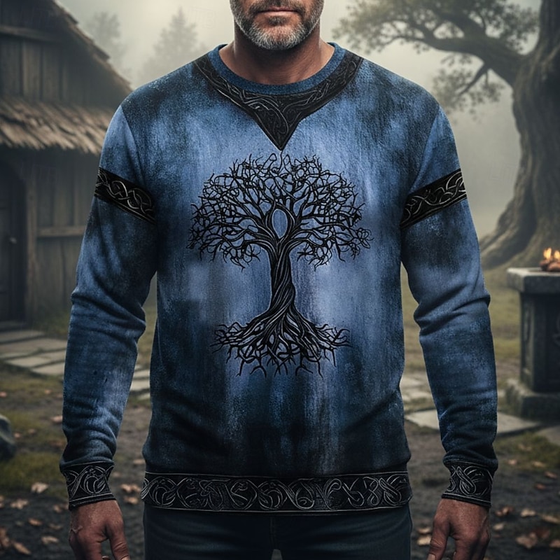 Men's Sweatshirt Blue Green Khaki Crew Neck Tree Of Life Yggdrasil Celtic Knot Print Casual Daily Holiday Vintage Viking Fall Winter Clothing Apparel Hoodies Sweatshirts3