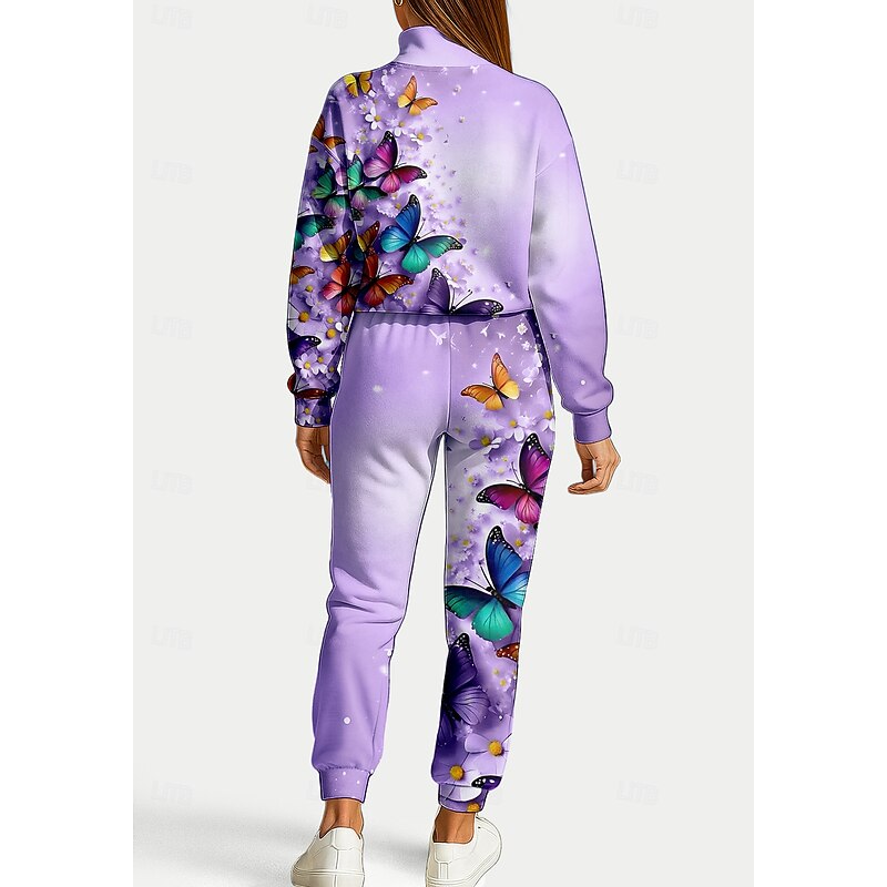 Women's Sweatshirt Tracksuit 2 Piece Tracksuit Drawstring Zip Up Floral Athletic Clothing Set Clothing Suit Fall Purple Vocation Outdoor Travel Lightweight Fashion Long Sleeve Sport Activewear2