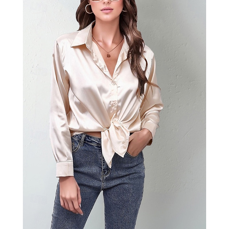 Women's Shirt Elegant Dressy Satin Solid Color Elegant Stylish Basic Long Sleeve Shirt Collar Regular Tops Daily Going out Buttons White Yellow Royal Blue Light Purple Brown Spring Fall