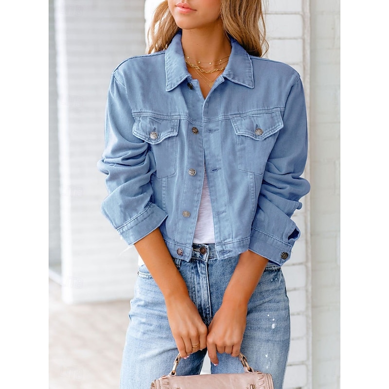 Women's Shirt Jacket Casual Jacket Denim Jacket Comfortable Breathable Pocket Buttons Casual Plain Vacation Street Casual Daily Wear Single Breasted Short Turndown Regular Fit Long Sleeve Outerwear