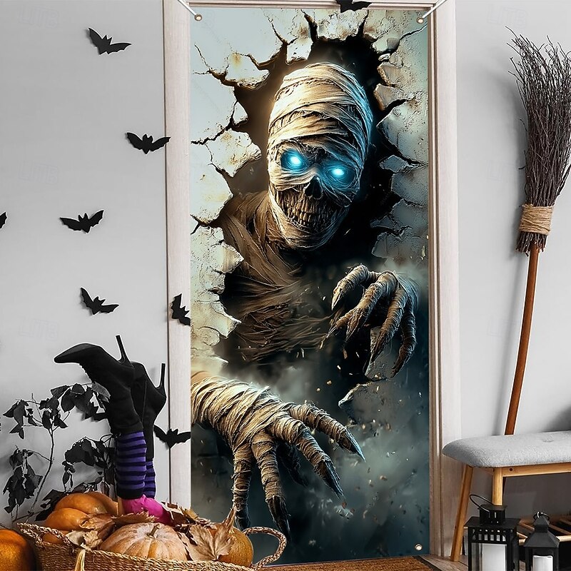 Halloween Door Covers Glowing Eyes Skull Tapestry Door Curtain Decoration, Spooky Horror Backdrop Door Banner for Front Door Haunted House Indoor Outdoor Party Decor Supplies2
