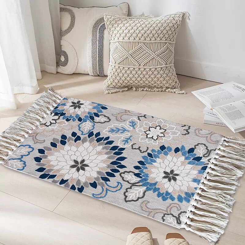 Woven Tassel Rug For Outdoor Picnic Camping Mat Portable Washable Plant Floral Pattern Floor Carpet Decorative Soft Durable Travel Blanket Home Garden Beach Accessories3