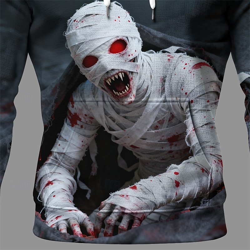 Halloween Men's Monster Hoodie Fashion Daily Hooded Vacation Party Streetwear Dark Gray Drawstring Pocket Printing Fall Winter Designer3