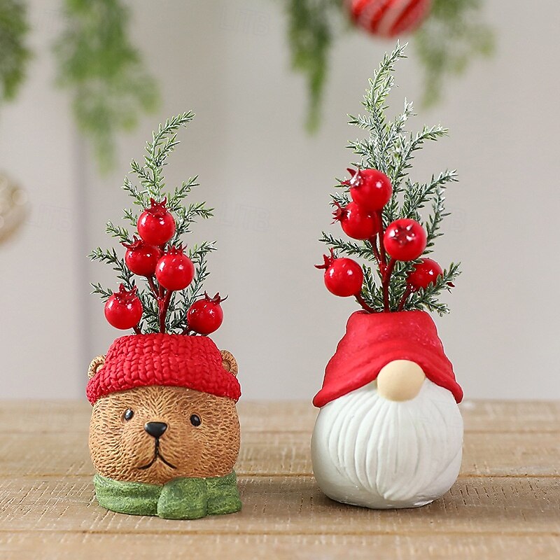 Resin Christmas Ornament, Santa Claus, Snowman & Bear Figurine with Red Hat, Festive Tabletop Christmas Tree with Red Berries &Green Foliage, Indoor/Outdoor Holiday Decor for Tabletop, Mantel, Garden2